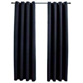 Lystette gardiner med metallringer 2 stk svart 140×225 cm