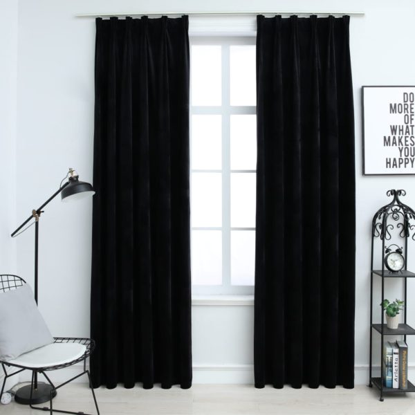 Lystette gardiner med kroker 2 stk fløyel svart 140×175 cm
