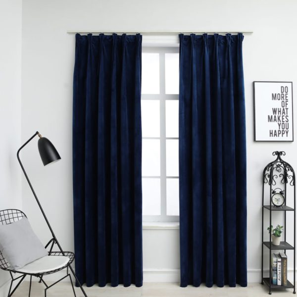 Lystette gardiner med kroker 2 stk fløyel mørkeblå 140×225 cm