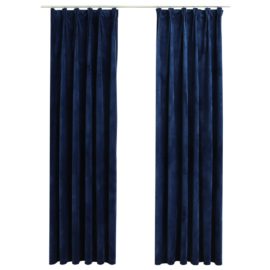Lystette gardiner med kroker 2 stk fløyel mørkeblå 140×245 cm