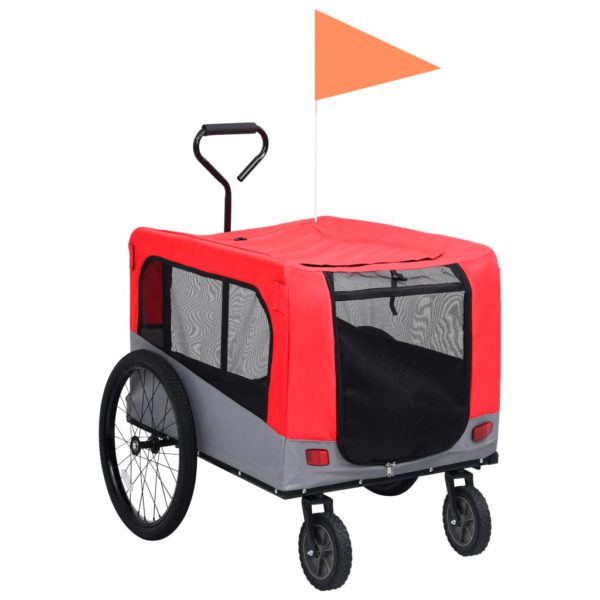 Sykkeltilhenger og joggevogn for kjæledyr 2-i-1 rød og grå