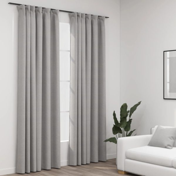 Lystette gardiner med kroker og lin-design 2 stk grå 140×245 cm