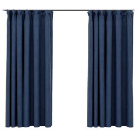Lystette gardiner med kroker og lin-design 2 stk blå 140×175 cm