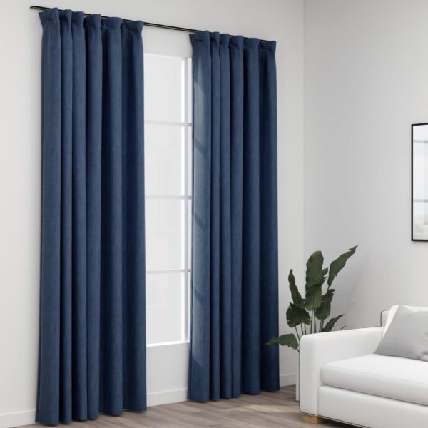 Lystette gardiner med kroker og lin-design 2 stk blå 140×225 cm