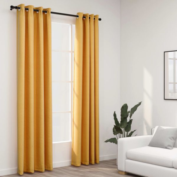 Lystette gardiner med maljer og lin-design 2 stk gul 140×225 cm