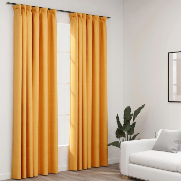 Lystette gardiner med kroker og lin-design 2 stk gul 140×225 cm