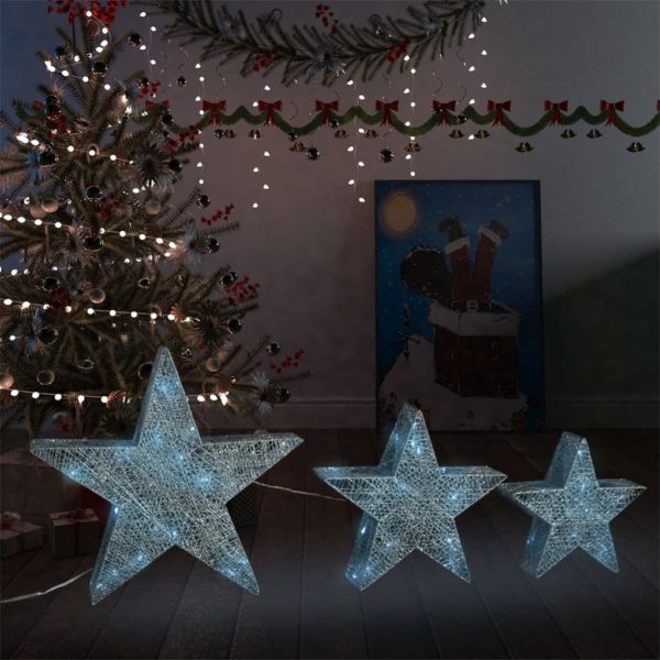 Julepynt stjerner 3 stk sølv netting LED utendørs innendørs
