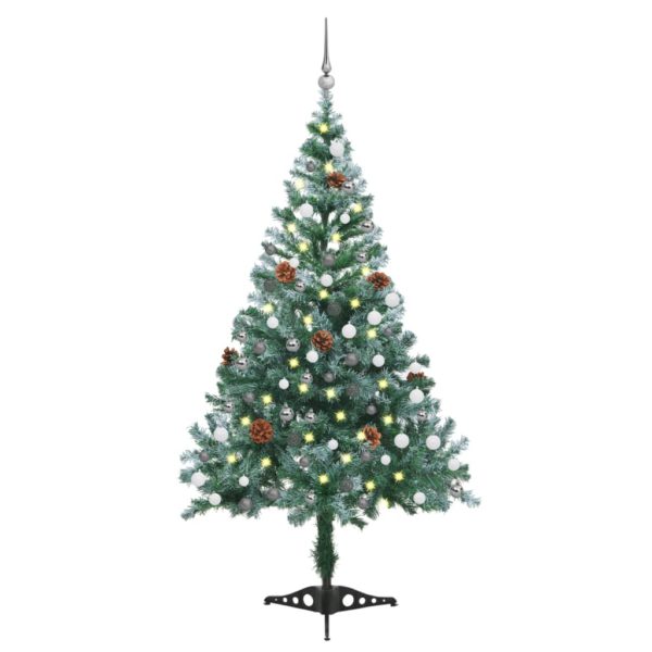 Forhåndsbelyst frostet juletre med kulesett og kongler 150 cm