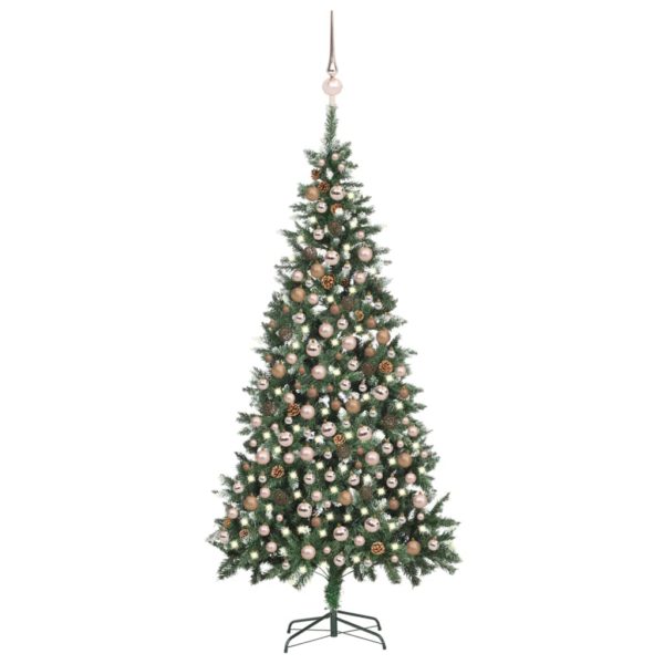 Forhåndsbelyst kunstig juletre med kulesett og kongler 210 cm