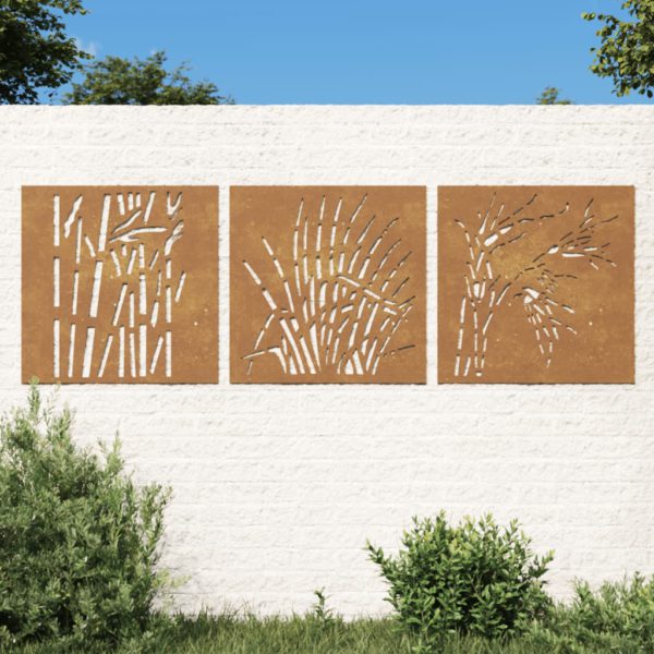 Veggdekorasjoner til hage 3 stk 55×55 cm cortenstål gressdesign