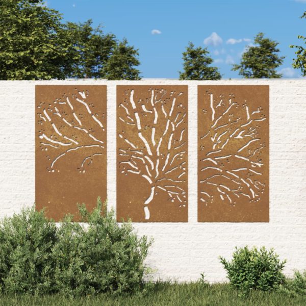 Veggdekorasjoner til hage 3 stk 105×55 cm cortenstål tredesign
