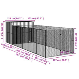 Hundehus med tak lysegrå 214x661x181 cm galvanisert stål