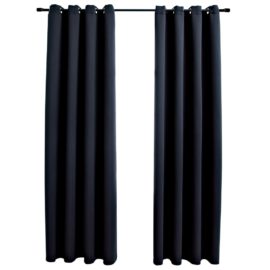 Lystette gardiner med metallringer 2 stk svart 140×245 cm